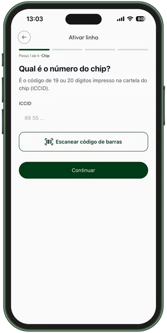 App Proserv: ativação de linha pelo número do chip ou código de barras